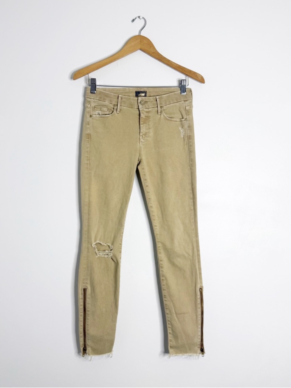 Mother Looker Zip Fray Jeans 26 Blowout Tan Distressed Ankle Zip Skinny Raw Hem